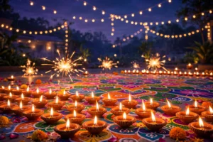 Diwali captions for Instagram – glowing diyas and rangoli festive night