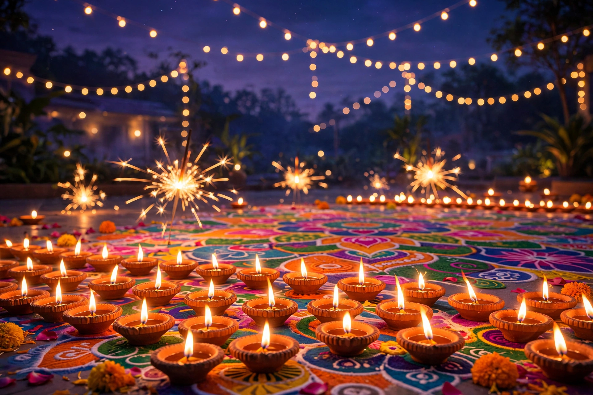 Diwali captions for Instagram – glowing diyas and rangoli festive night