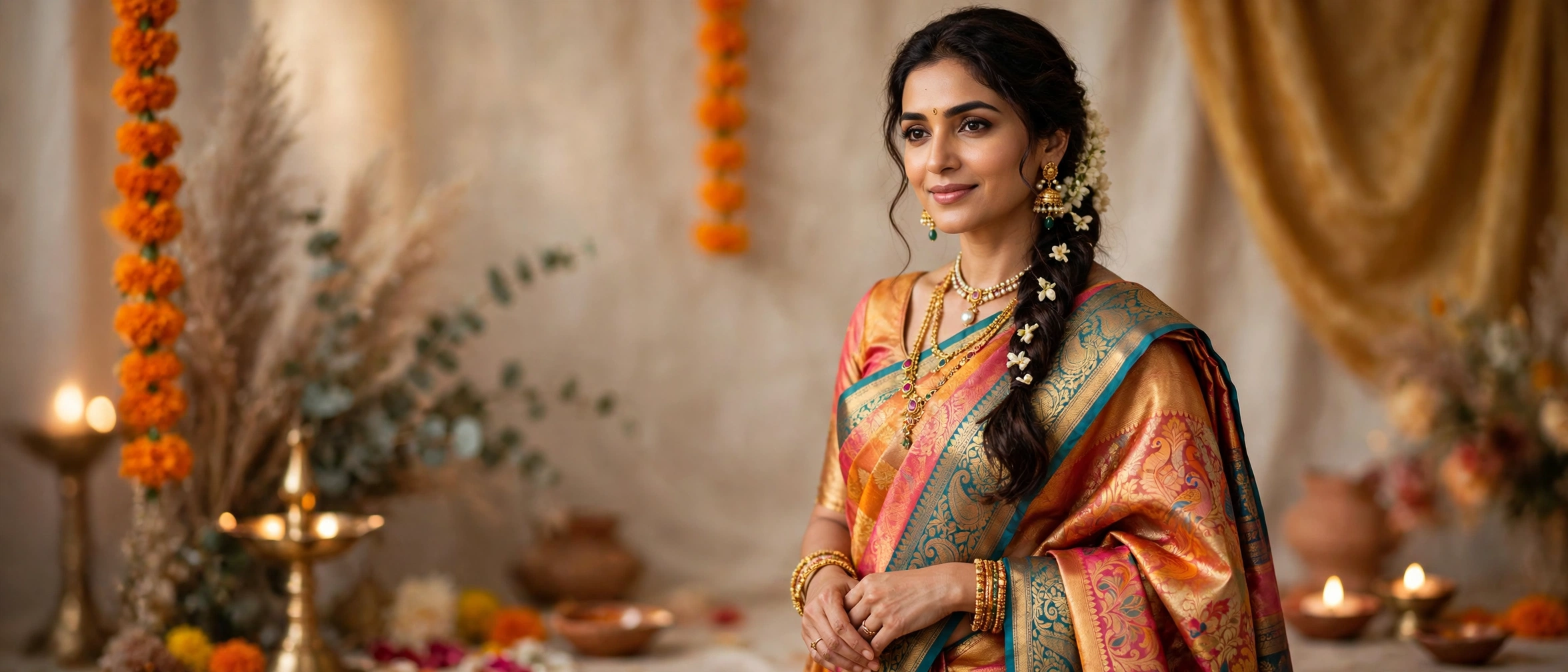 Saree captions for Instagram – elegant woman draped in colorful silk saree
