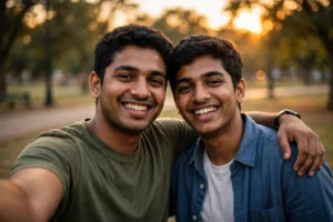 Two happy Indian brothers taking a selfie at sunset — brother captions for Instagram